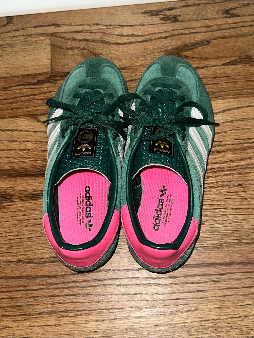 adidas Gazelle Green Suede Sneakers with Pink Heel Accents